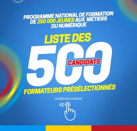 Liste des 500 formateurs présélectionnés Le Ministère de la Jeunesse et Éveil Patriotique a l’honneur de présenter la liste des 500 profils présélectionnés pour la formation des formateurs, dans le cadre du Programme National de Formation aux Métiers du Numérique en partenariat avec Cisco, Cybastion et Airtel RDC